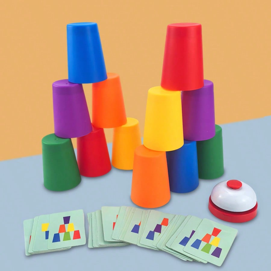 Cup Stacking Game for Kids, Color Sorting Tabletop Puzzle Set for Hands-On Logic Practice, Solo Challenges and Interactive Family Play