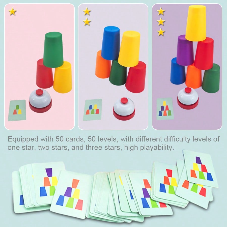 Cup Stacking Game for Kids, Color Sorting Tabletop Puzzle Set for Hands-On Logic Practice, Solo Challenges and Interactive Family Play