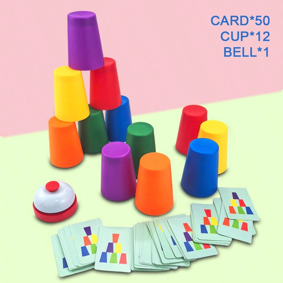Cup Stacking Game for Kids, Color Sorting Tabletop Puzzle Set for Hands-On Logic Practice, Solo Challenges and Interactive Family Play