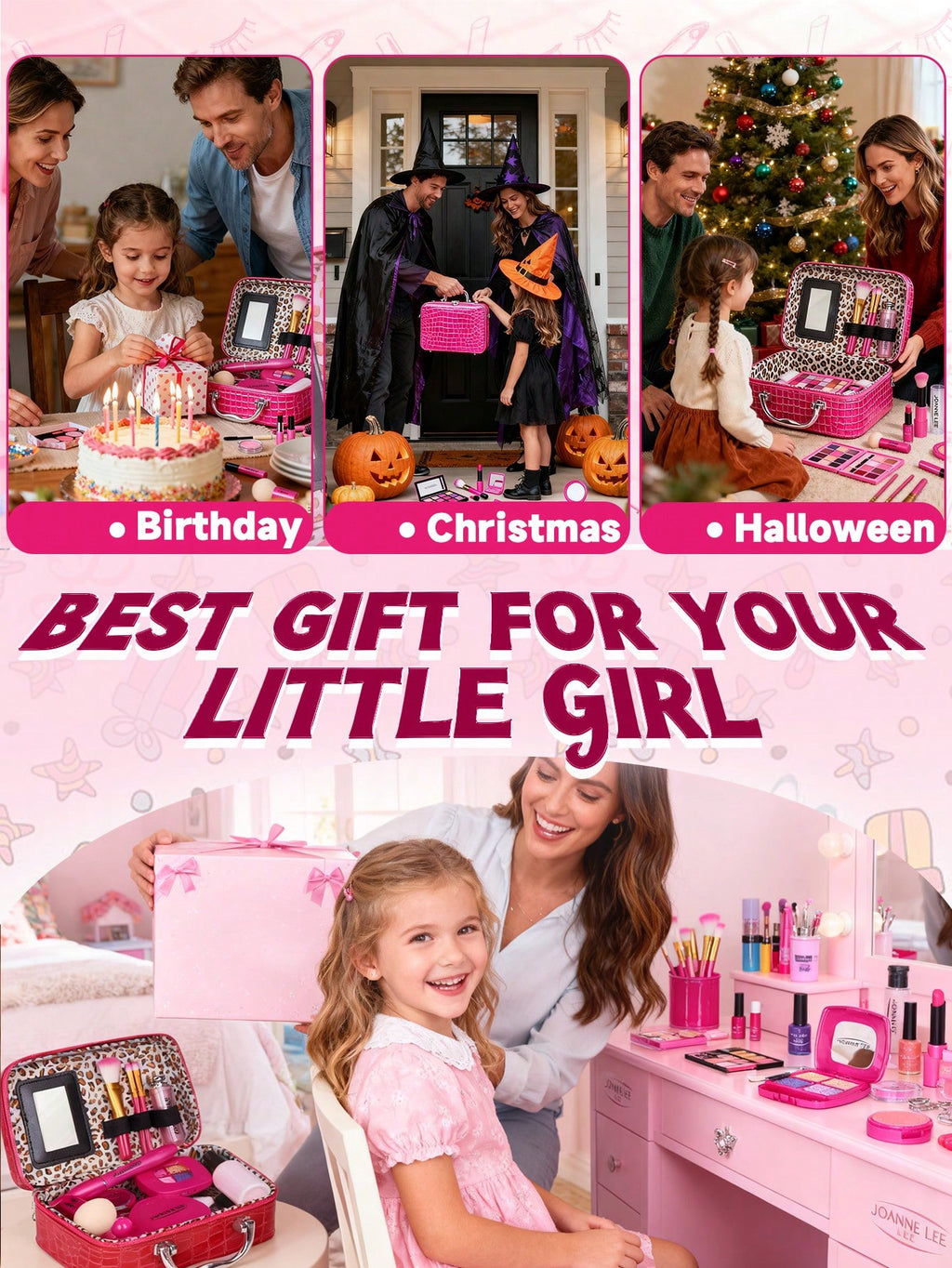 Pretend Makeup Kit for Kids, Hot Pink Makeup Bag Style for Girls' Dress-Up and Beauty Role Play, Not Real Cosmetics, Birthday Gift