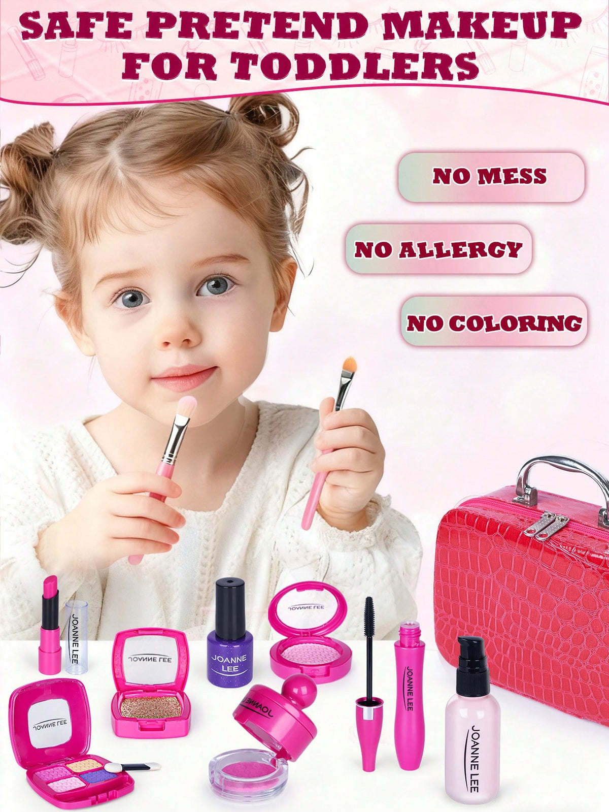 Pretend Makeup Kit for Kids, Hot Pink Makeup Bag Style for Girls' Dress-Up and Beauty Role Play, Not Real Cosmetics, Birthday Gift
