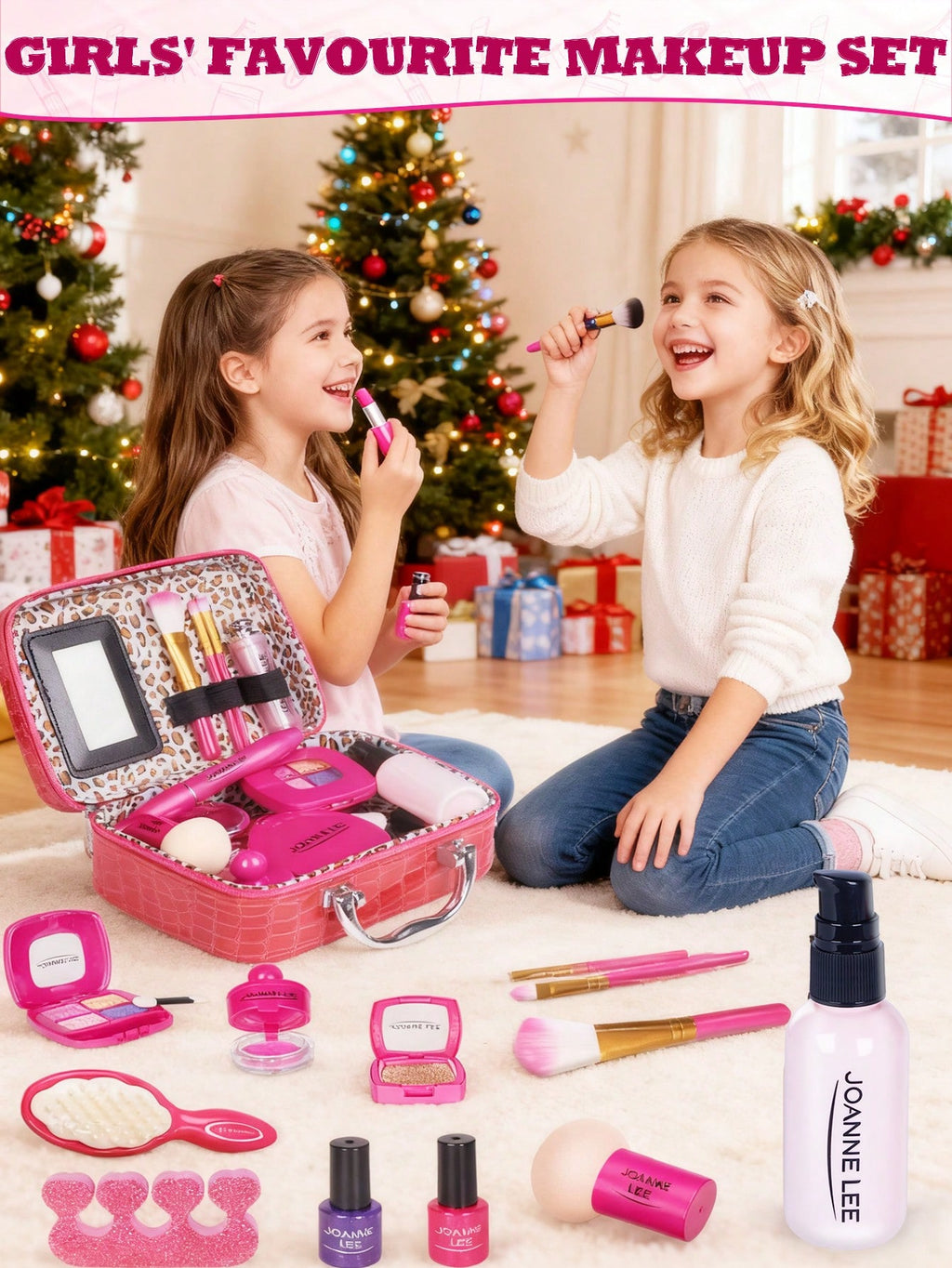 Pretend Makeup Kit for Kids, Hot Pink Makeup Bag Style for Girls' Dress-Up and Beauty Role Play, Not Real Cosmetics, Birthday Gift