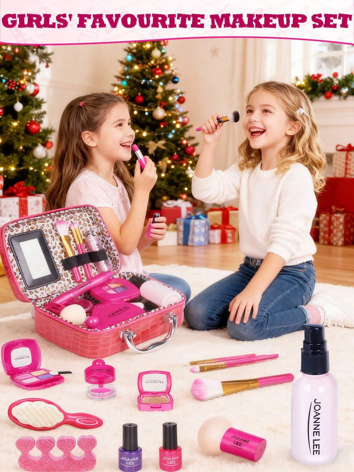 Pretend Makeup Kit for Kids, Hot Pink Makeup Bag Style for Girls' Dress-Up and Beauty Role Play, Not Real Cosmetics, Birthday Gift