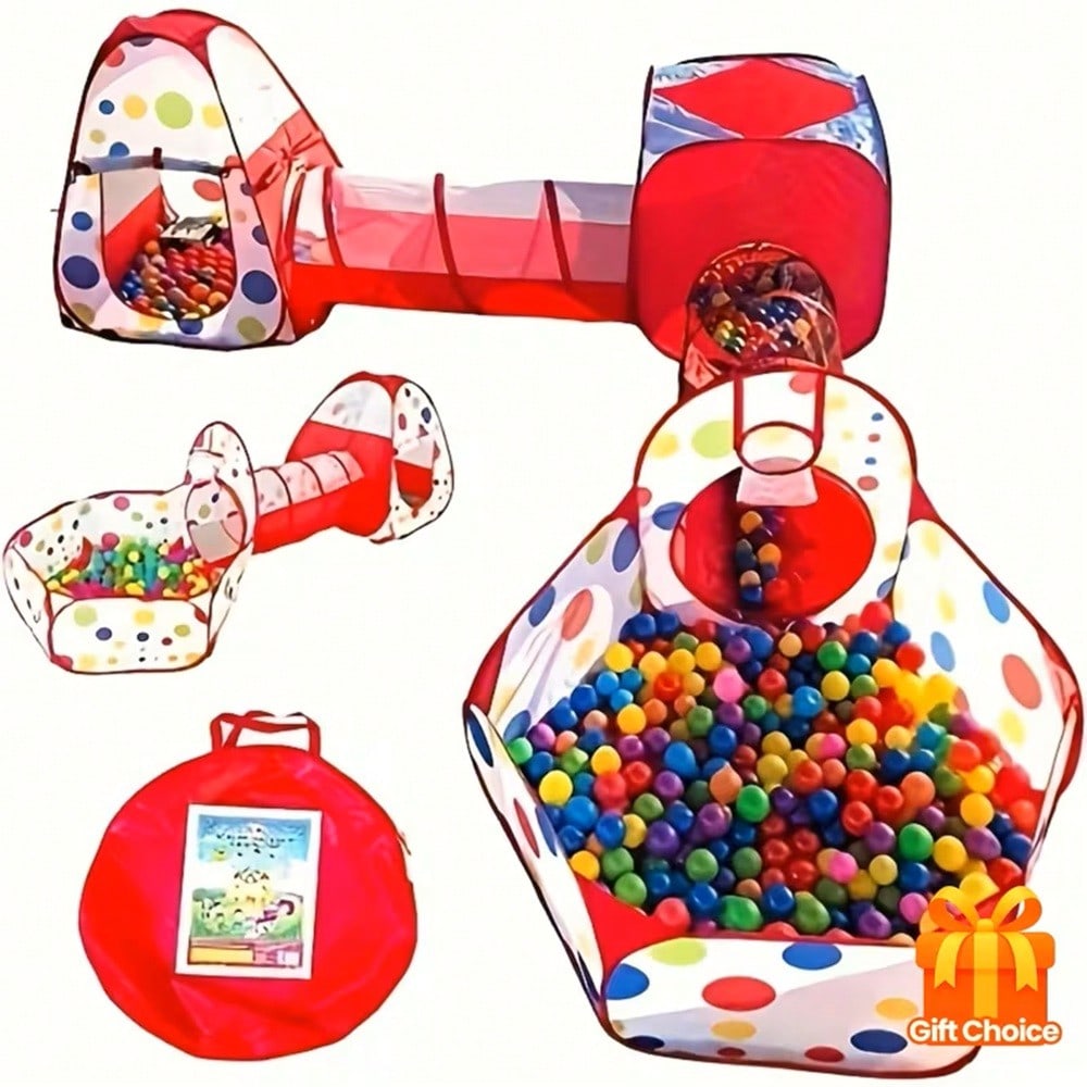 Foldable Kids Play Tent 3-in-1 Indoor Playhouse with Steel Frame and Polyester Fabric, Red or Blue Pretend Play Gift, Balls Not Included