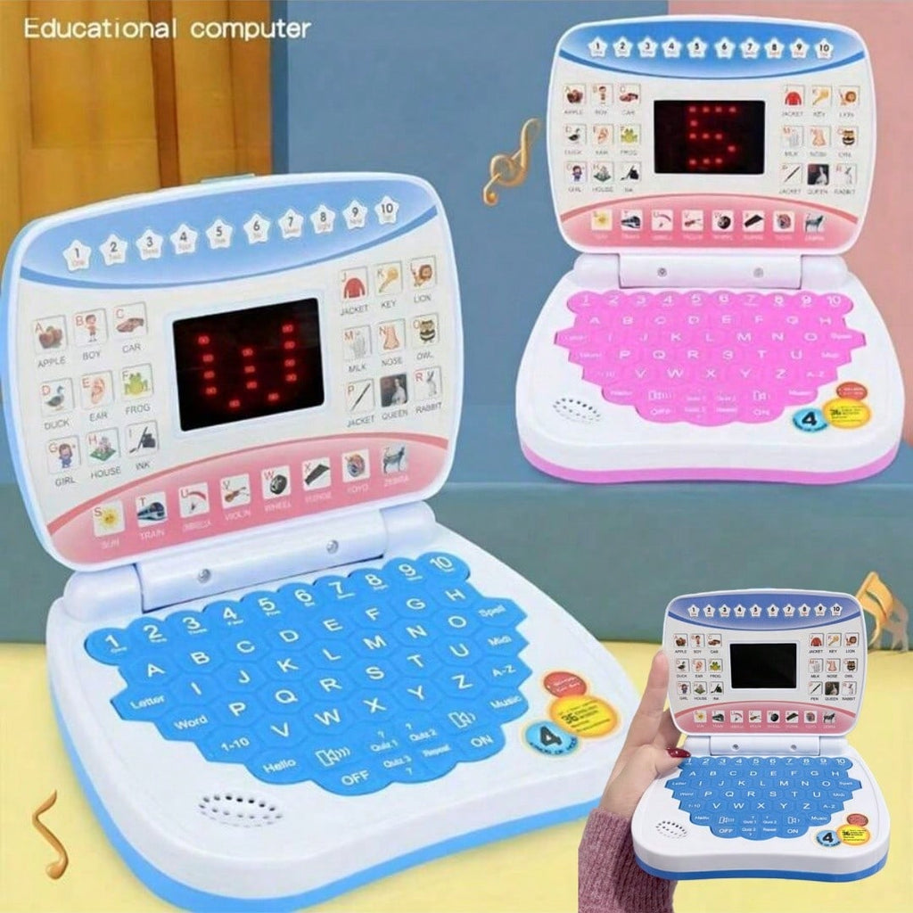 Mini Learning Computer Toy for Kids, Portable English Alphabet and Number Activity with Music and Interactive Games, Blue or Pink Educational Gift