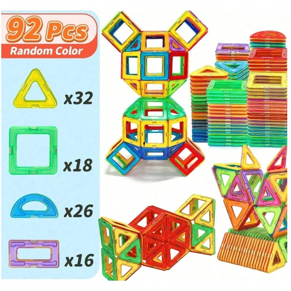 Large Magnetic Building Blocks 92-Piece Set - Multicolor STEM Construction Toy for Creative DIY Learning, Family Play and Birthday Gifts