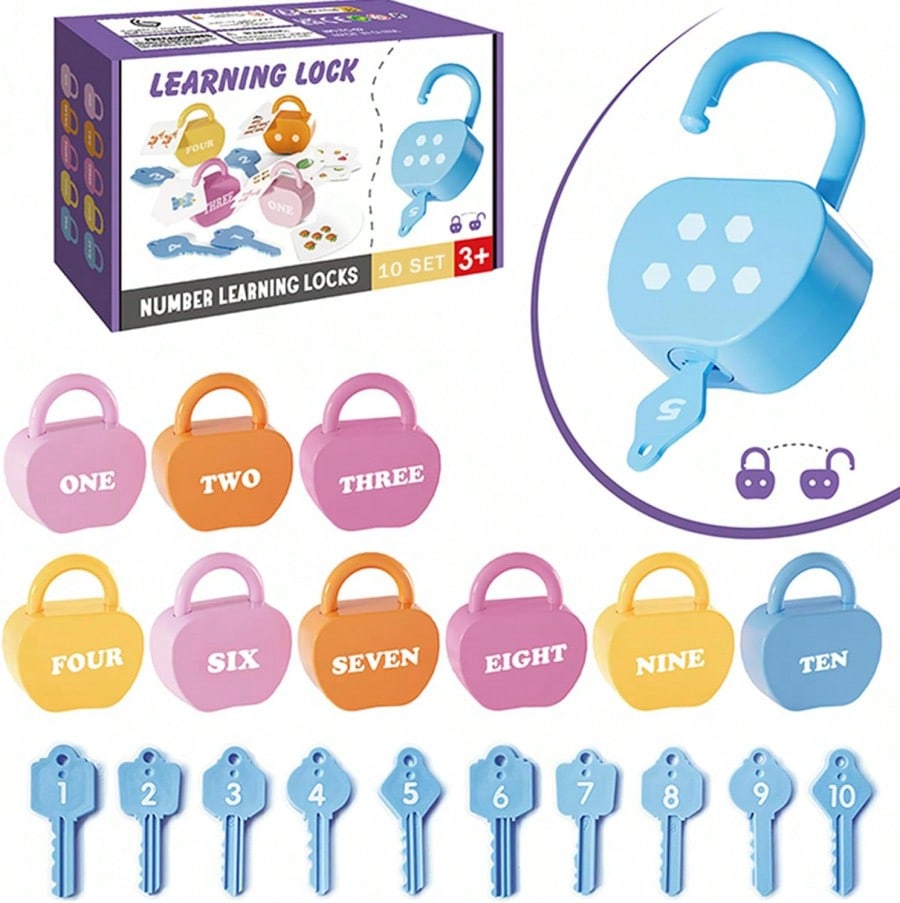 Apple Lock and Key Toy for Kids Ages 3+, 10 Apple-Shaped Locks with 20 Number and Color Cards, Montessori-Inspired Matching Learning Gift