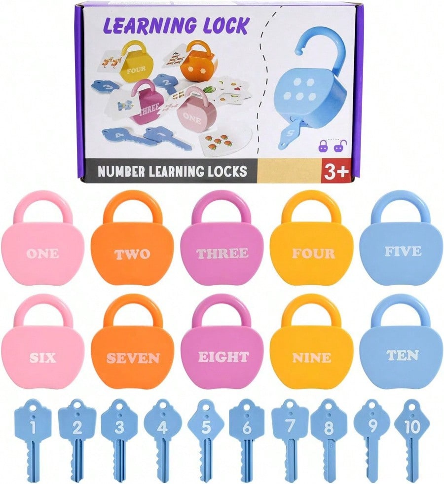 Apple Lock and Key Toy for Kids Ages 3+, 10 Apple-Shaped Locks with 20 Number and Color Cards, Montessori-Inspired Matching Learning Gift