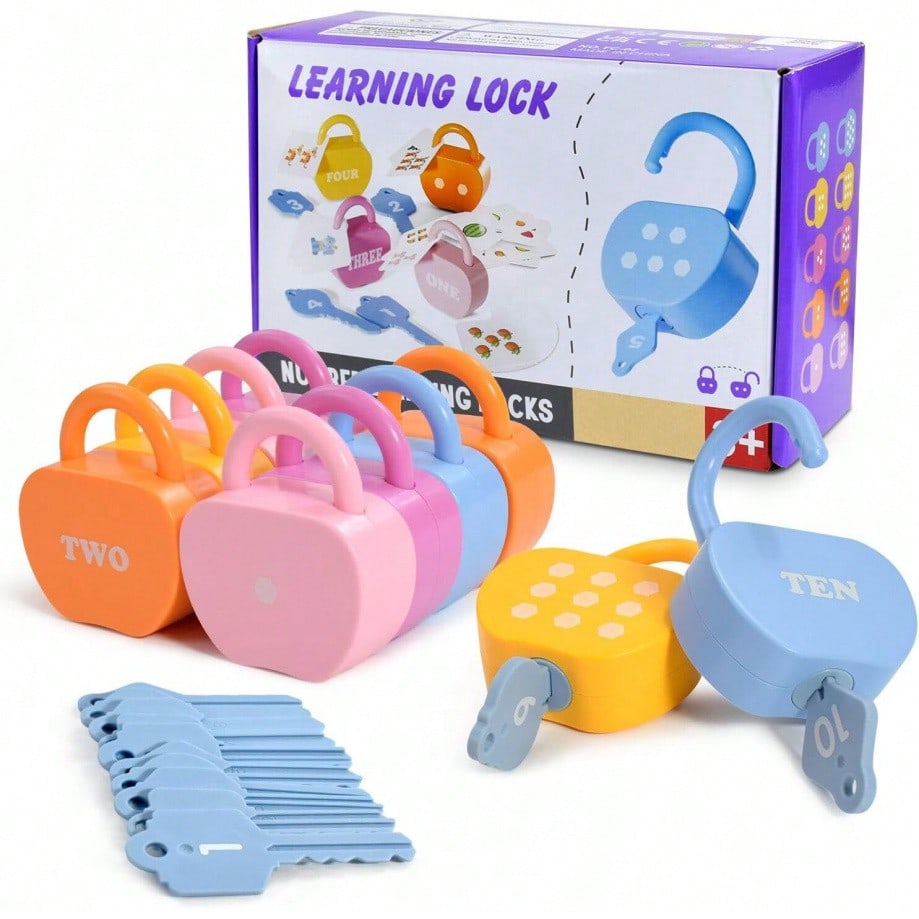Apple Lock and Key Toy for Kids Ages 3+, 10 Apple-Shaped Locks with 20 Number and Color Cards, Montessori-Inspired Matching Learning Gift