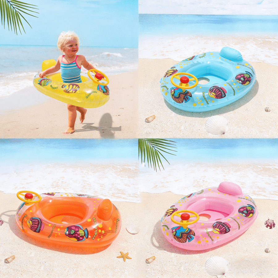 Inflatable Swimming Ring with Steering Wheel for Kids, Blue PVC Pool Float for Supervised Water Play and Summer Poolside Activities