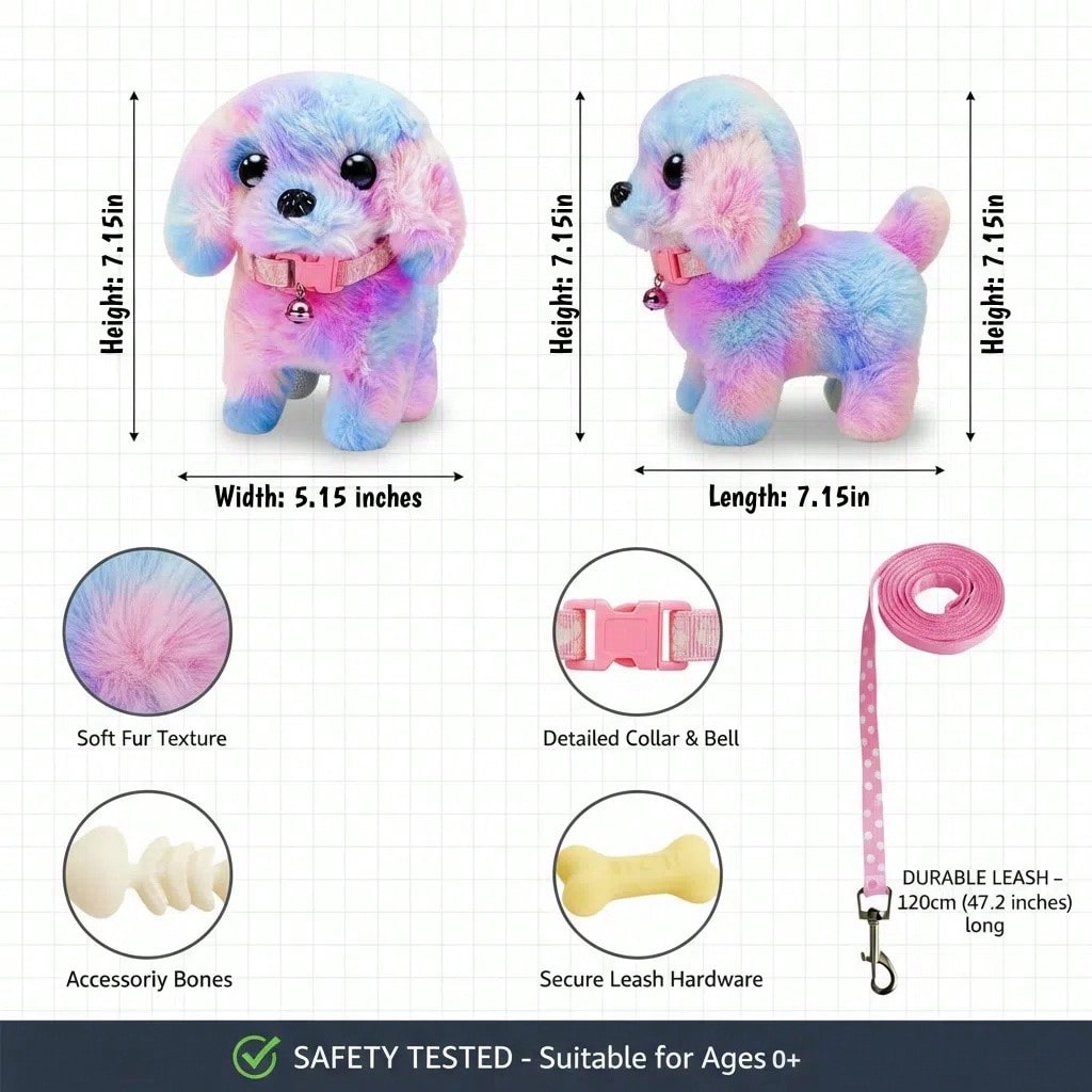 Electric Toy Puppy Set with Leash, Bone and Bow, Walking Barking Plush Pet Dog with Wagging Tail for Pretend Play and Holiday Gifts