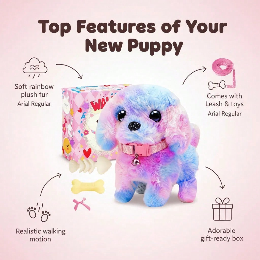 Electric Toy Puppy Set with Leash, Bone and Bow, Walking Barking Plush Pet Dog with Wagging Tail for Pretend Play and Holiday Gifts