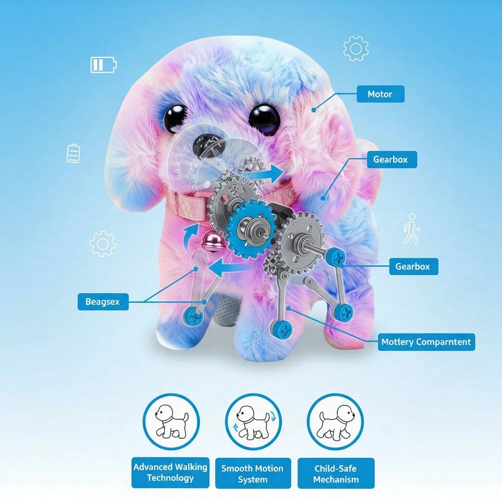 Electric Toy Puppy Set with Leash, Bone and Bow, Walking Barking Plush Pet Dog with Wagging Tail for Pretend Play and Holiday Gifts