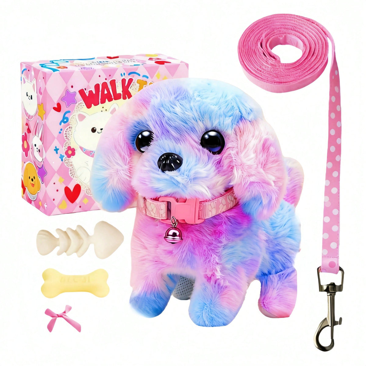 Electric Toy Puppy Set with Leash, Bone and Bow, Walking Barking Plush Pet Dog with Wagging Tail for Pretend Play and Holiday Gifts