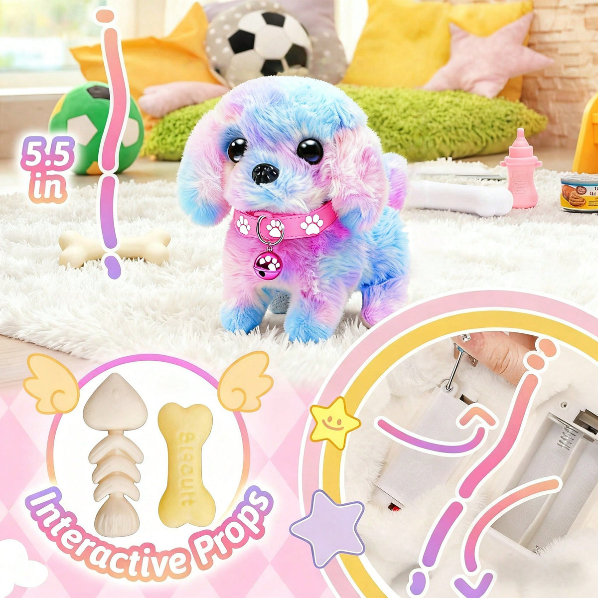 Electric Toy Puppy Set with Leash, Bone and Bow, Walking Barking Plush Pet Dog with Wagging Tail for Pretend Play and Holiday Gifts