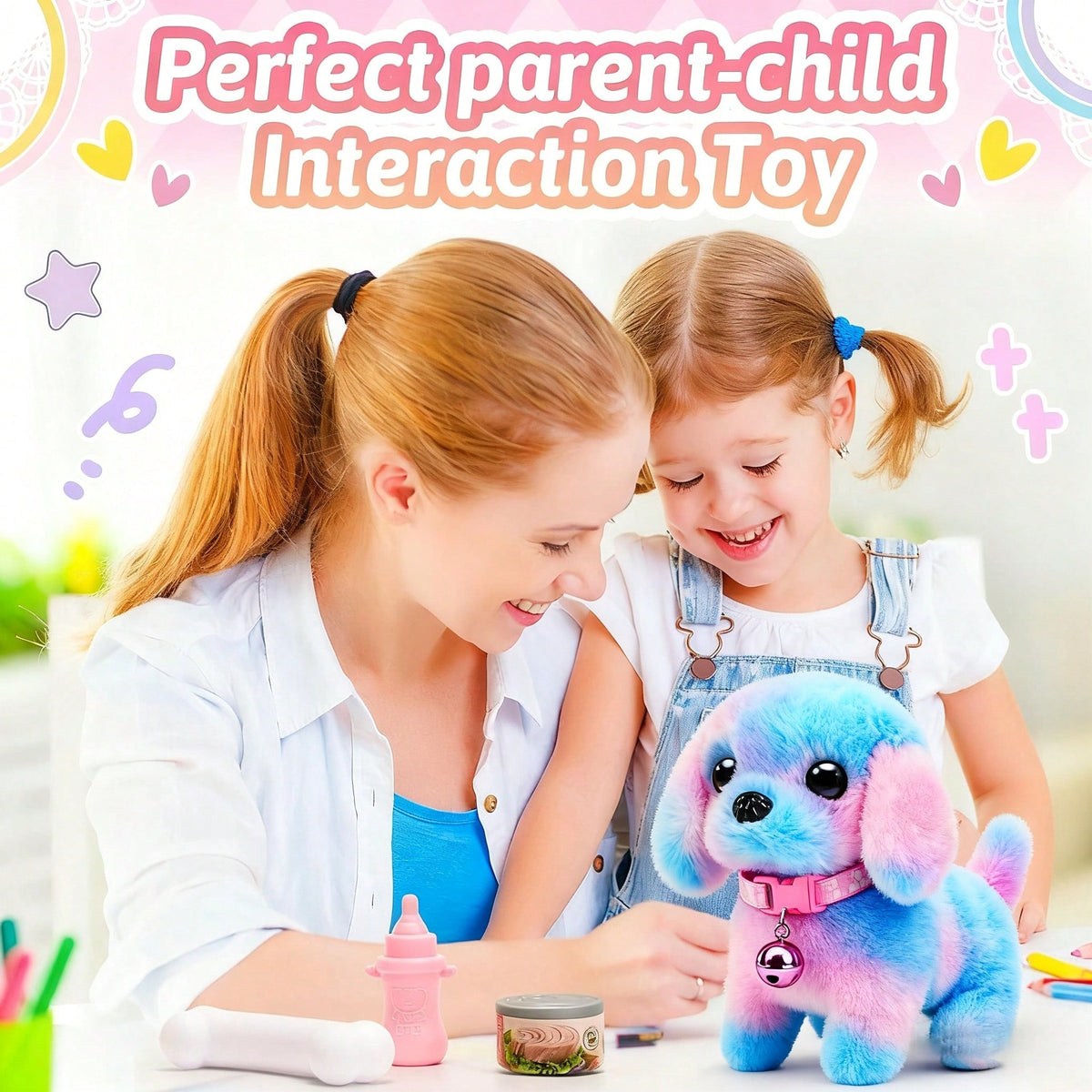 Electric Toy Puppy Set with Leash, Bone and Bow, Walking Barking Plush Pet Dog with Wagging Tail for Pretend Play and Holiday Gifts