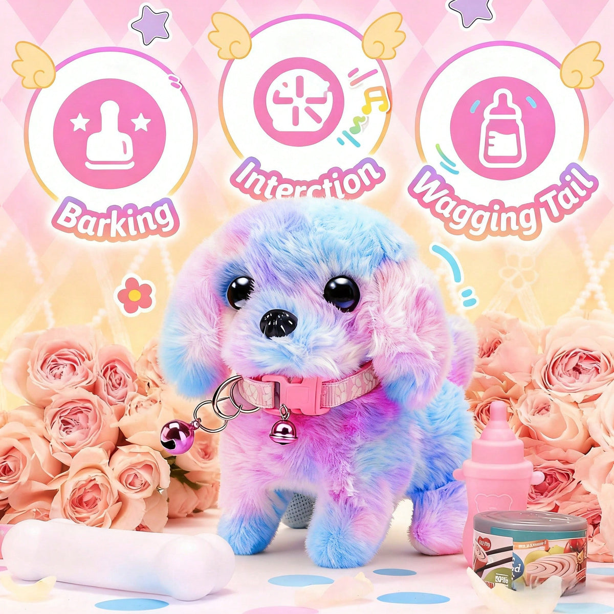 Electric Toy Puppy Set with Leash, Bone and Bow, Walking Barking Plush Pet Dog with Wagging Tail for Pretend Play and Holiday Gifts