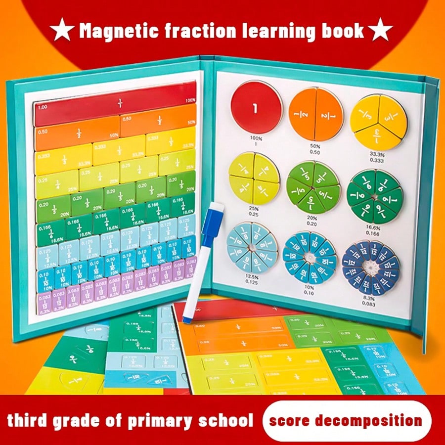 Magnetic Fraction Manipulatives with Tiles and Circles, Visual Math Learning Puzzle Book for Elementary School, Homeschool and Classroom Practice