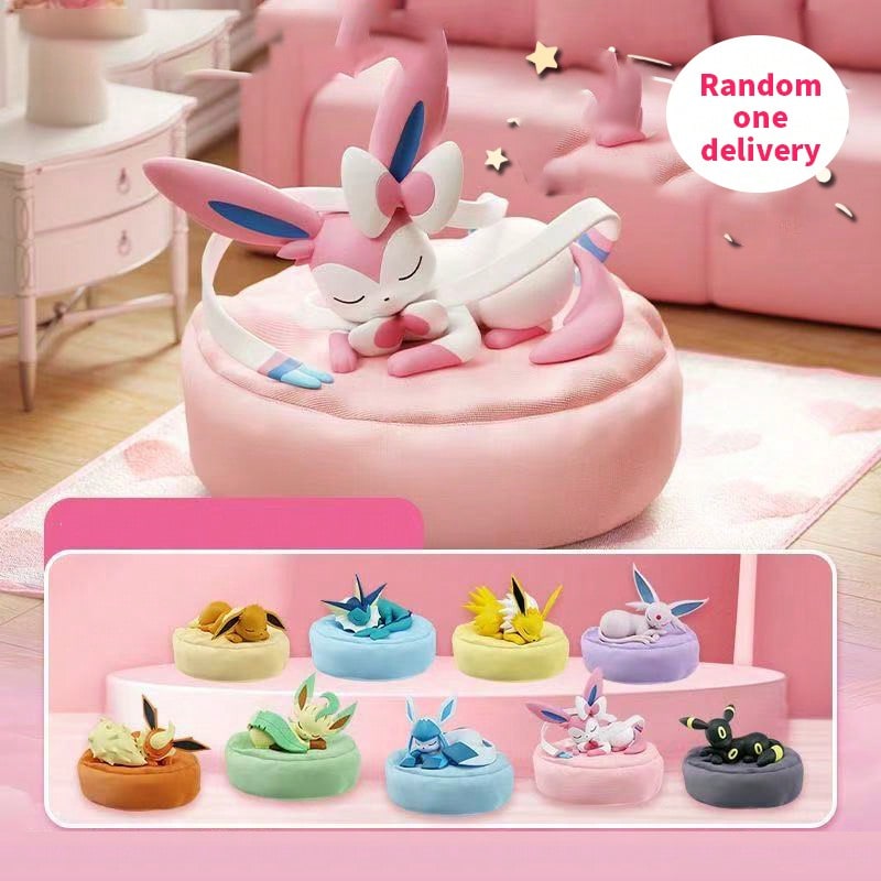 Eevee Sleeping Figure Blind Box, Evolution Series Chibi Collectible with Soft Resin Texture, 1 Random Figurine for Desk and Bedside Decor