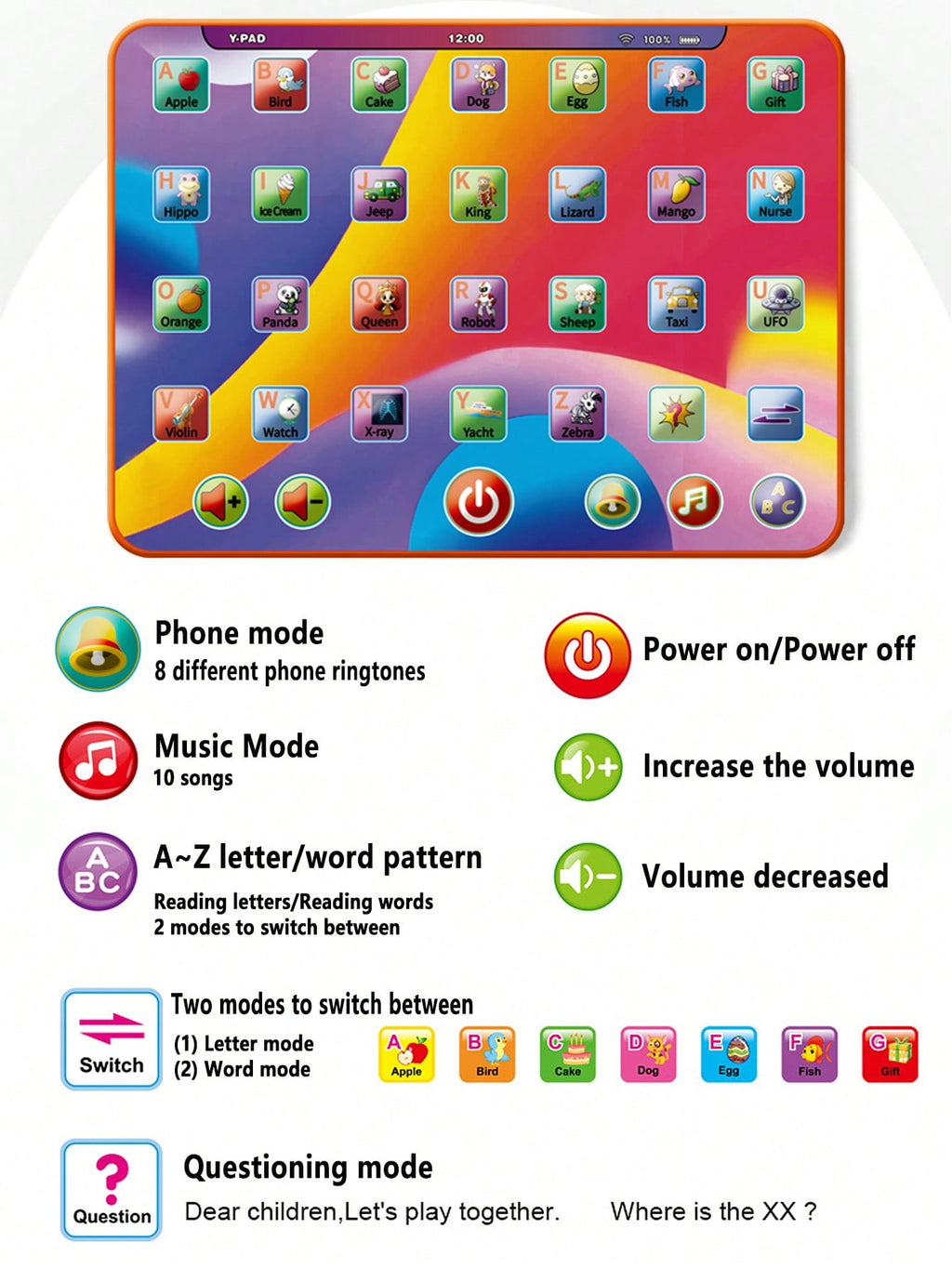 Alphabet Learning Tablet Toy for Ages 3-5, Interactive Letters, Numbers, Colors, Words and Music Preschool Activity Gift for Boys and Girls