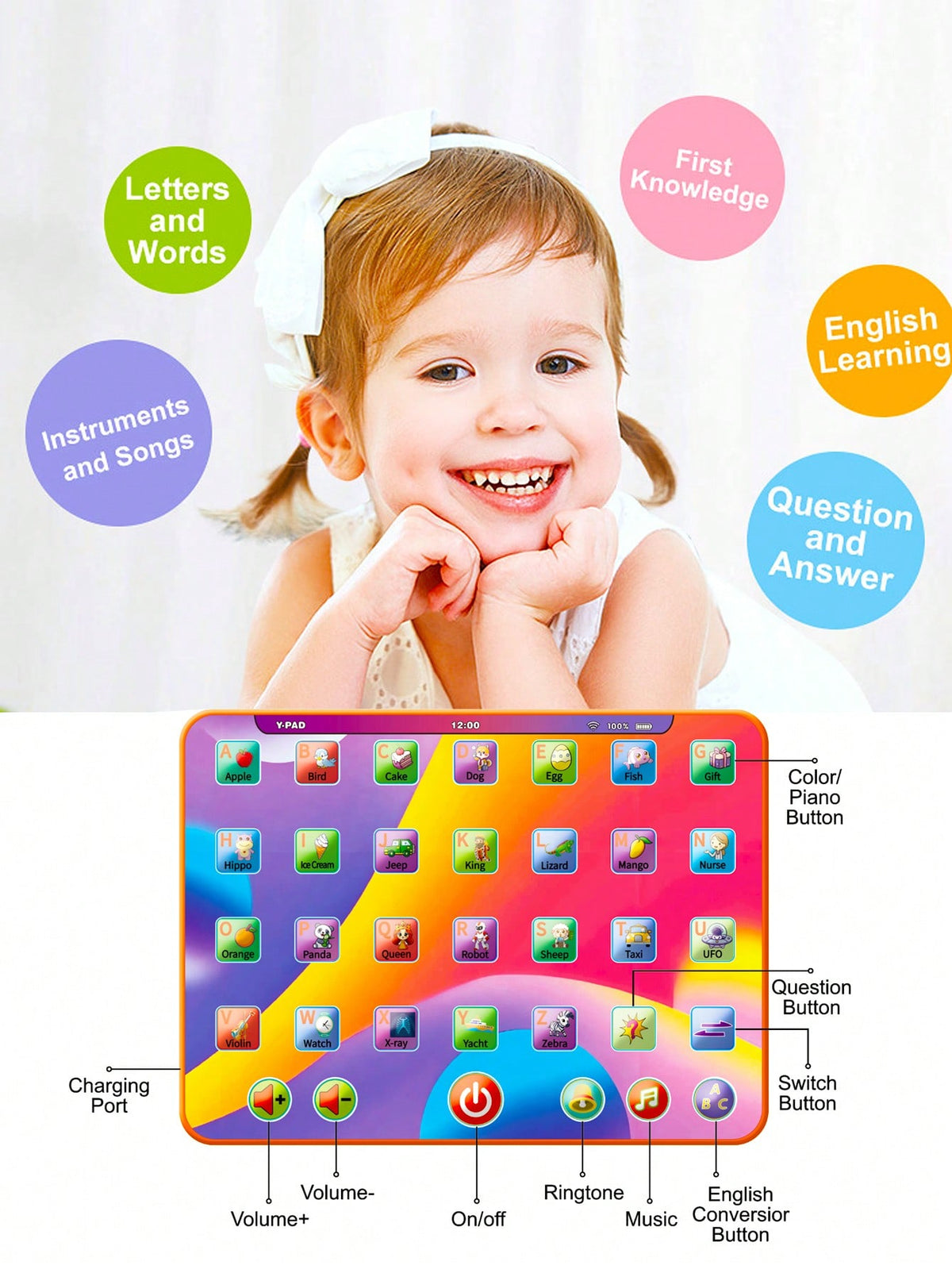 Alphabet Learning Tablet Toy for Ages 3-5, Interactive Letters, Numbers, Colors, Words and Music Preschool Activity Gift for Boys and Girls