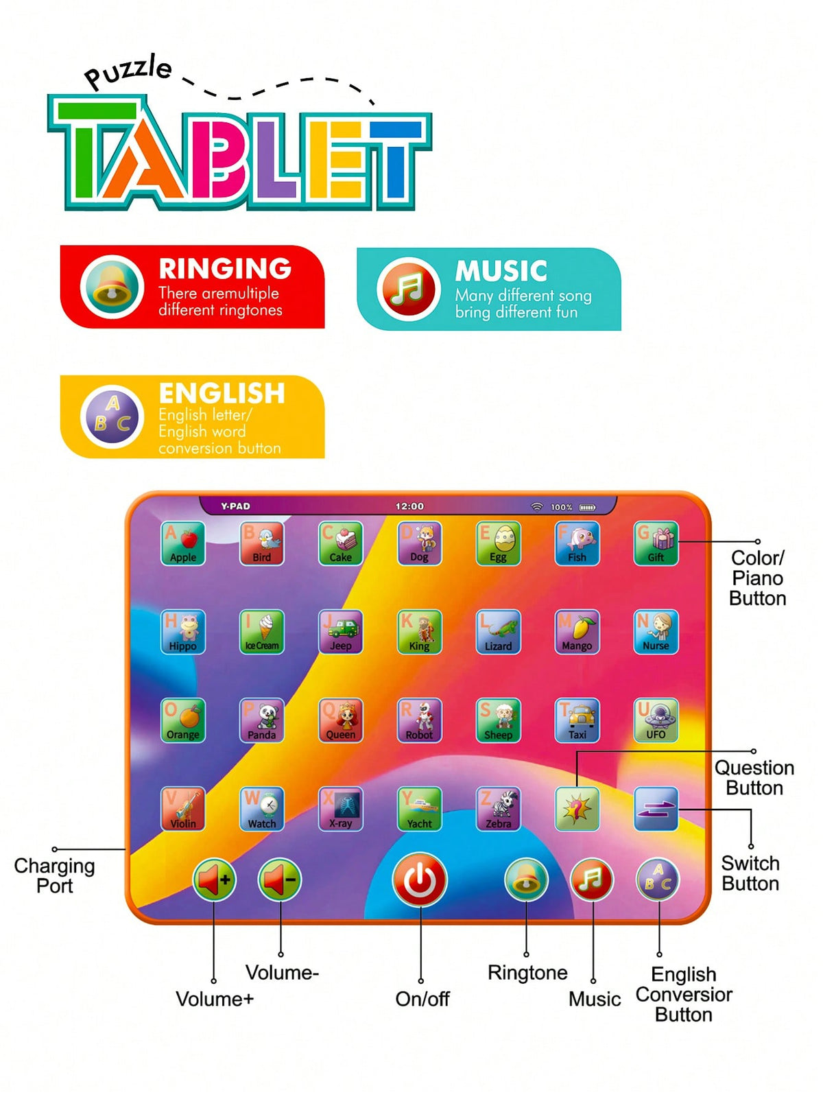 Alphabet Learning Tablet Toy for Ages 3-5, Interactive Letters, Numbers, Colors, Words and Music Preschool Activity Gift for Boys and Girls