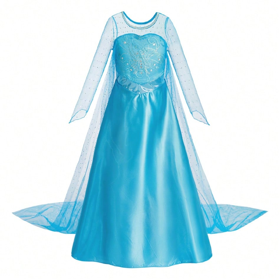 Long Sleeve Princess Dress for Girls, Blue Tulle Costume with Crown and Magic Wand for Halloween, Birthday Parties and Holiday Role Play