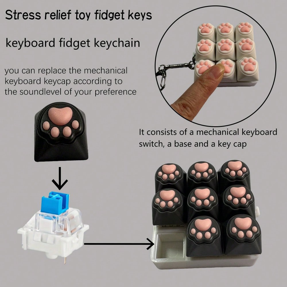 Keyboard Key Fidget Keychain for Adults, Finger Pressing Sensory Toy in White, Grey or Black, Everyday Bag Accessory and Easter Gift, 1 Piece