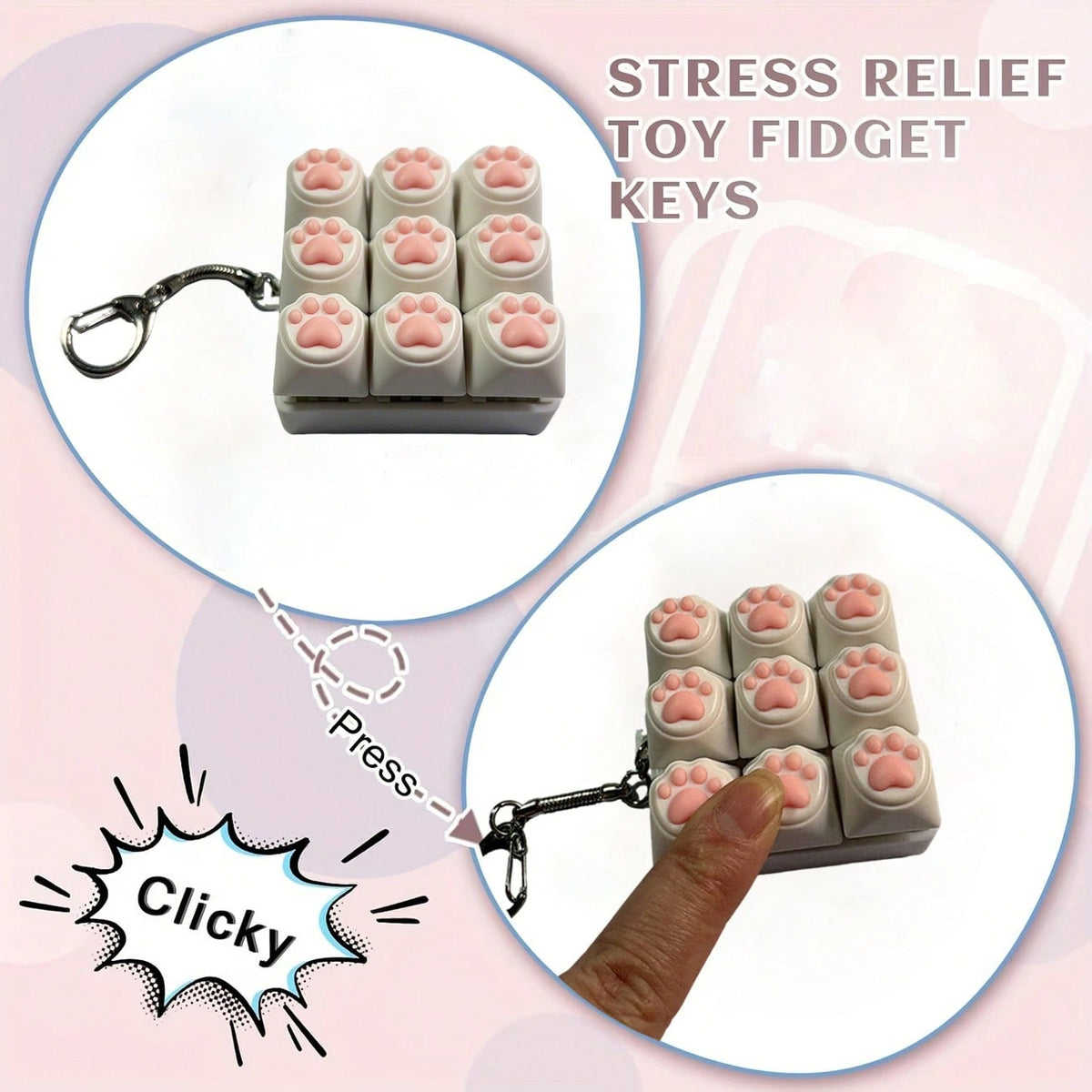 Keyboard Key Fidget Keychain for Adults, Finger Pressing Sensory Toy in White, Grey or Black, Everyday Bag Accessory and Easter Gift, 1 Piece