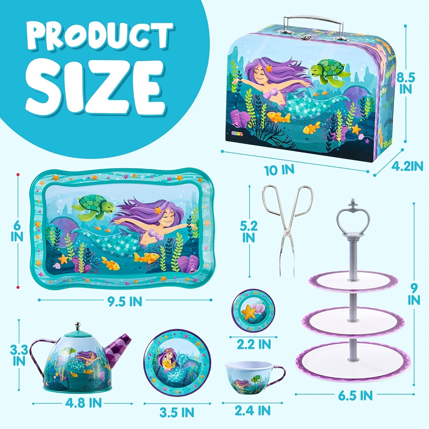 Mermaid Tea Party Set for Kids 35 Pcs Pretend Play Tin Teapot Set with Desserts 3-Tier Cake Stand Carrying Case Princess Tea Time Birthday Easter Christmas Gift