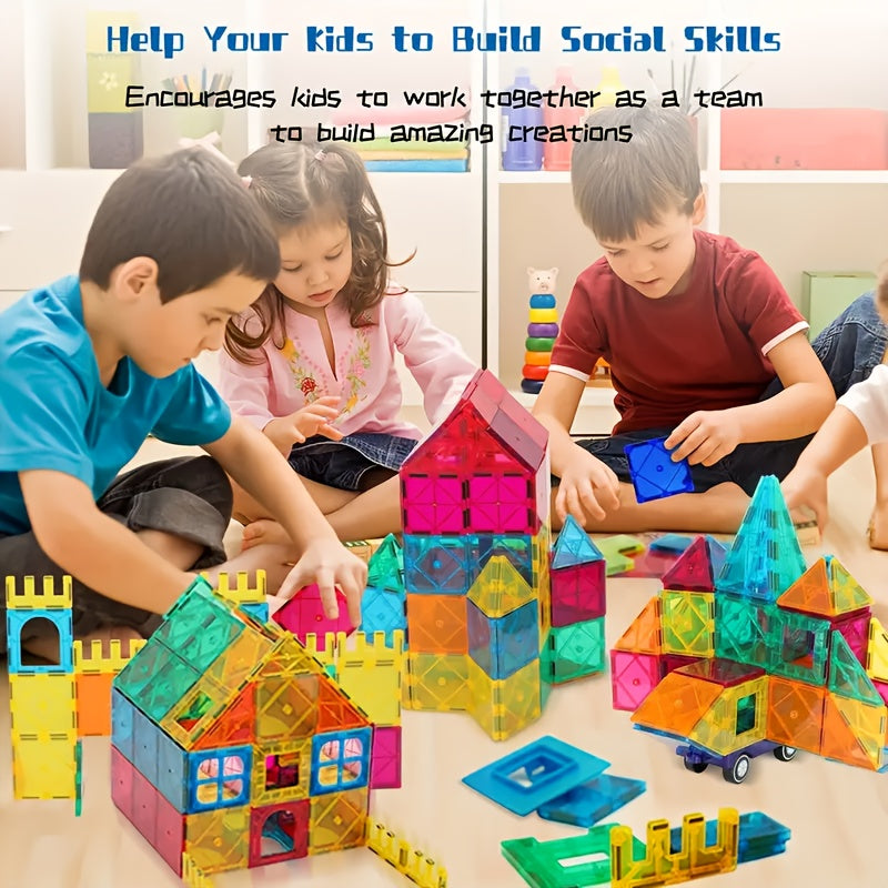Magnetic Tiles 120pcs with 2 Cars STEM Building Set - Educational Magnet Puzzle Stacking Blocks Architecture Toy for Boys Girls Ages 3+
