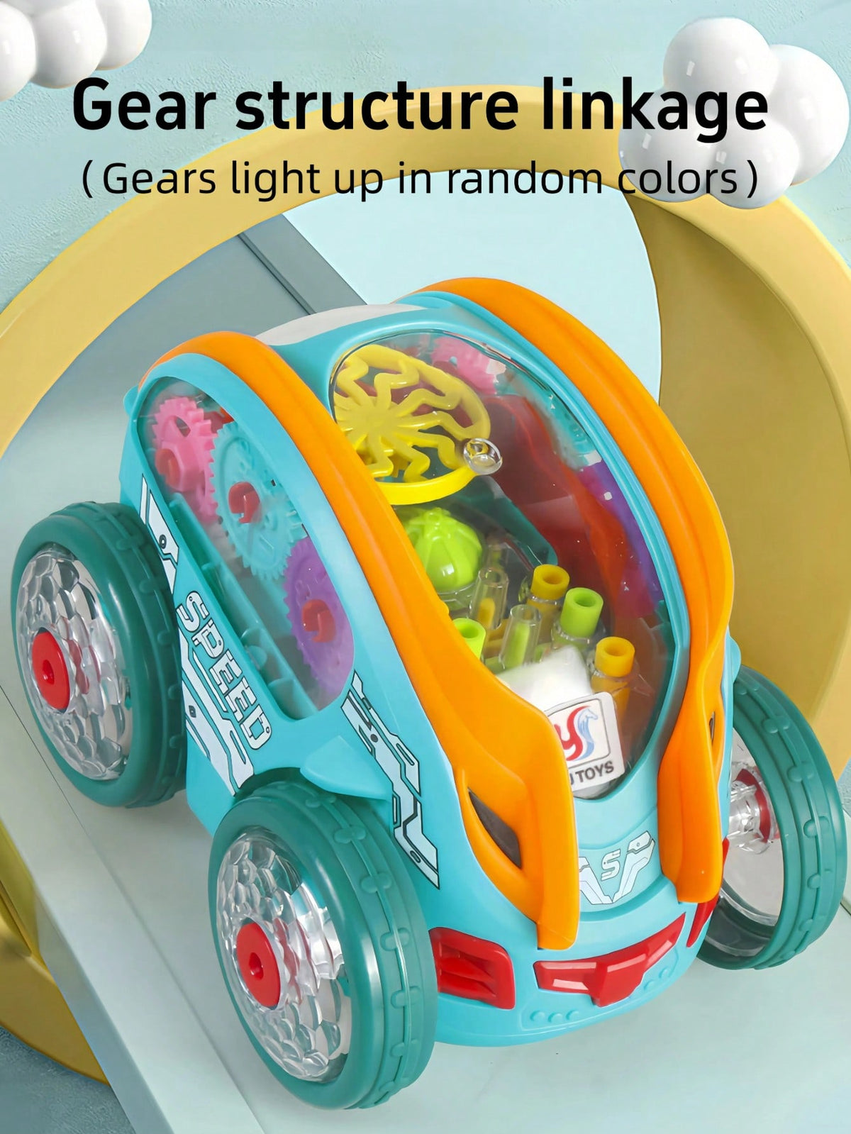 Transparent Gear Toy Car with Glowing Lights, 360° Rotation and Obstacle Avoidance, Colorful Moving Gear Sensory Vehicle for Kids