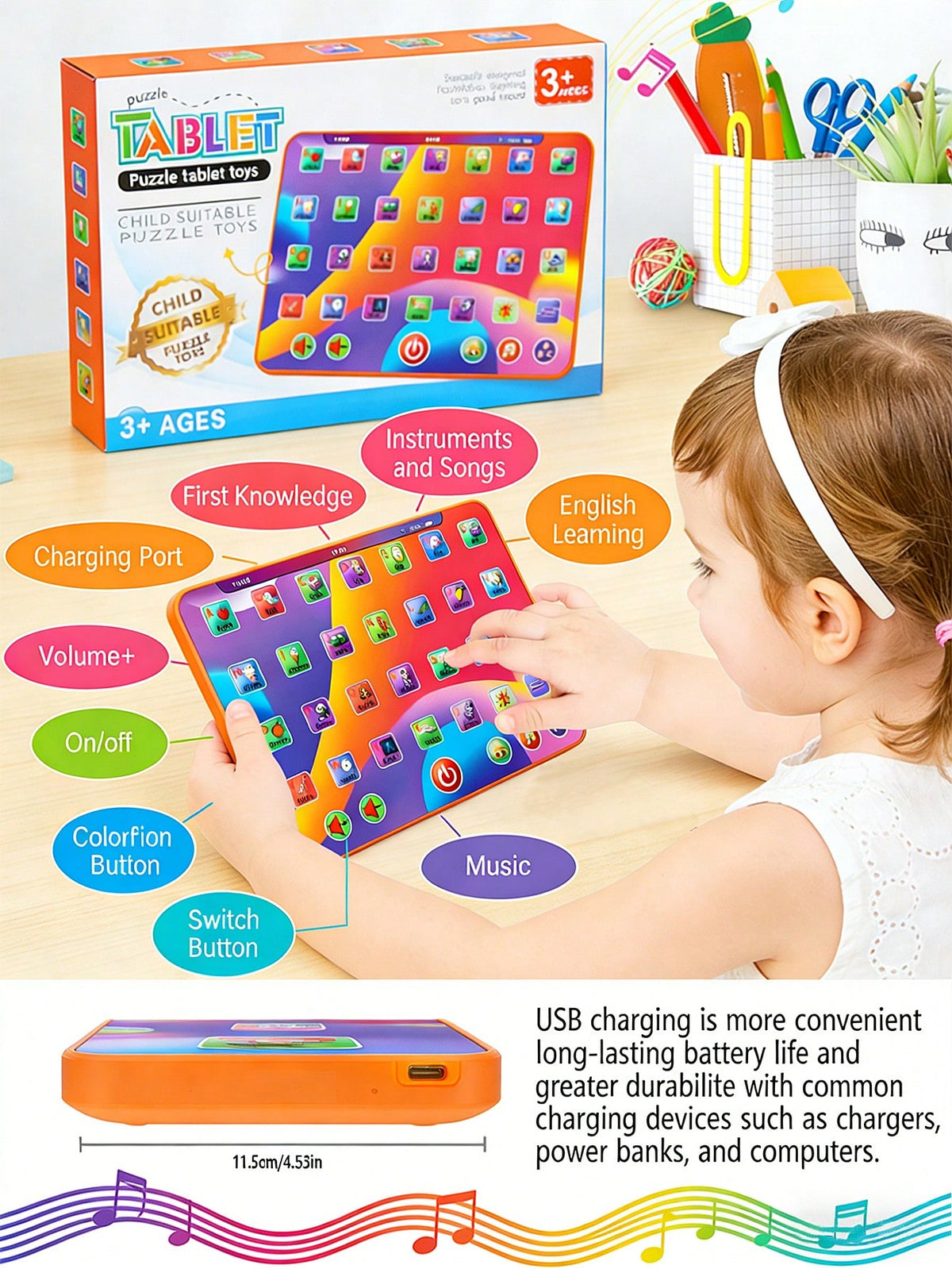 Alphabet Learning Tablet Toy for Ages 3-5, Interactive Letters, Numbers, Colors, Words and Music Preschool Activity Gift for Boys and Girls