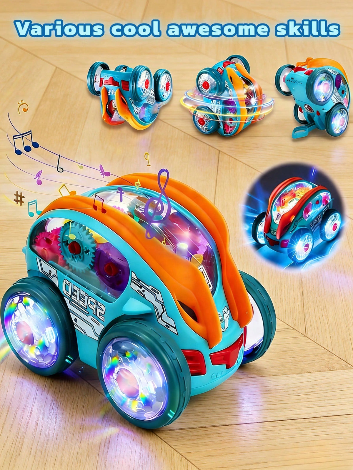 Transparent Gear Toy Car with Glowing Lights, 360° Rotation and Obstacle Avoidance, Colorful Moving Gear Sensory Vehicle for Kids