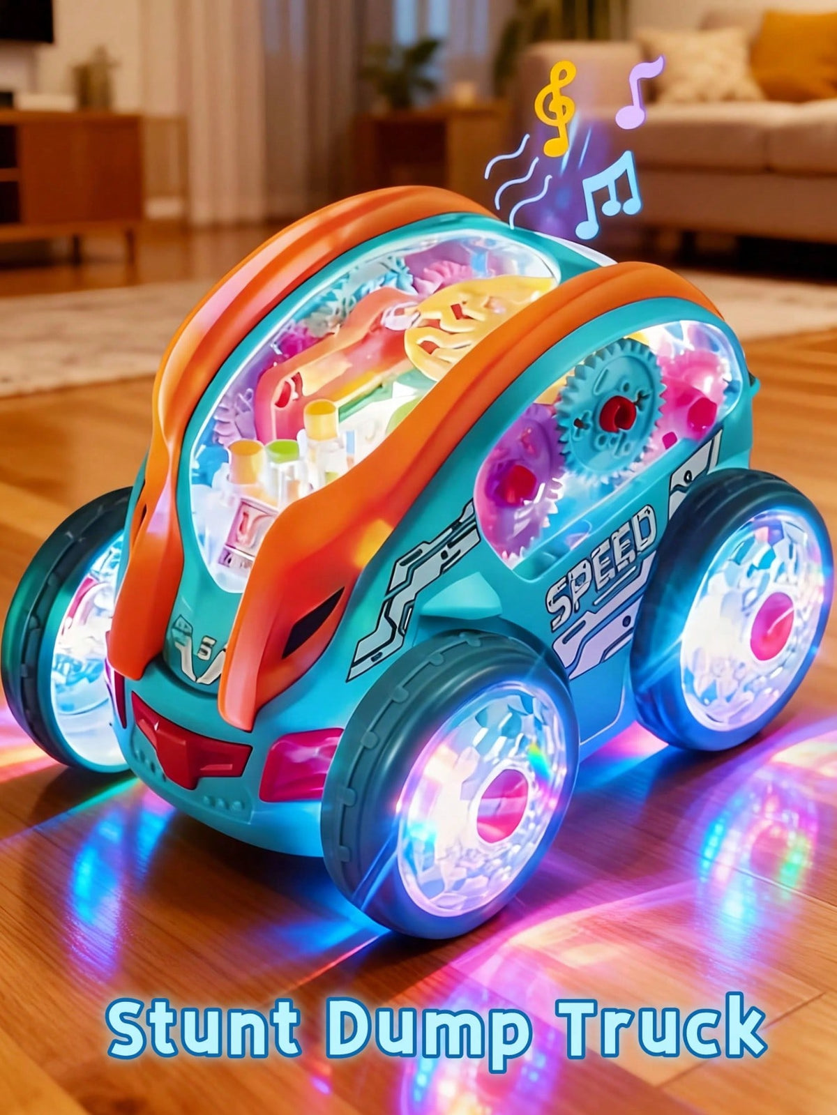 Transparent Gear Toy Car with Glowing Lights, 360° Rotation and Obstacle Avoidance, Colorful Moving Gear Sensory Vehicle for Kids