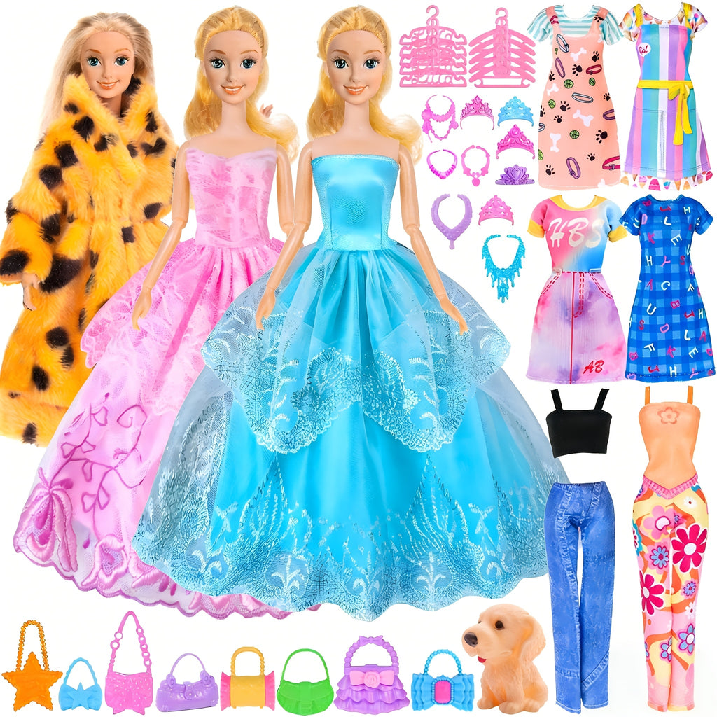 47pcs Fashion Doll Set 11.5 Inch with Fur Coat, Princess Gowns, Dresses, Shoes, Dog & Crowns – Complete Doll & Clothes Gift for Girls Ages 4-12, Mix & Match Wardrobe Included
