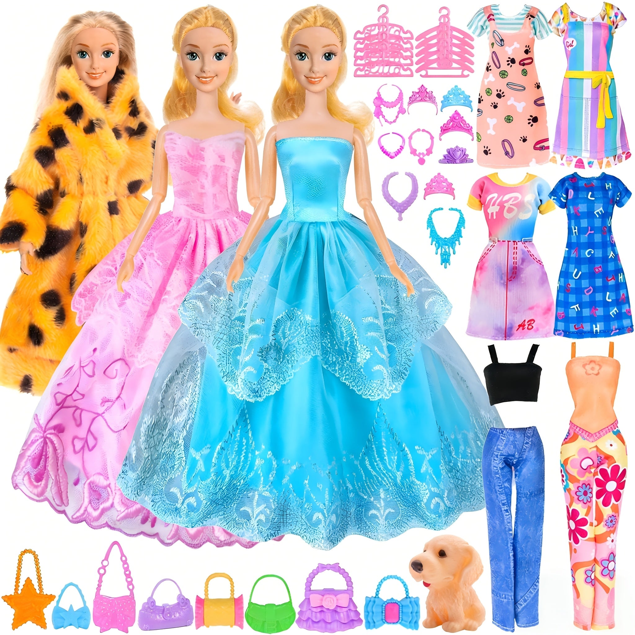 47pcs Fashion Doll Set 11.5 Inch with Fur Coat, Princess Gowns, Dresses, Shoes, Dog & Crowns – Complete Doll & Clothes Gift for Girls Ages 4-12, Mix & Match Wardrobe Included
