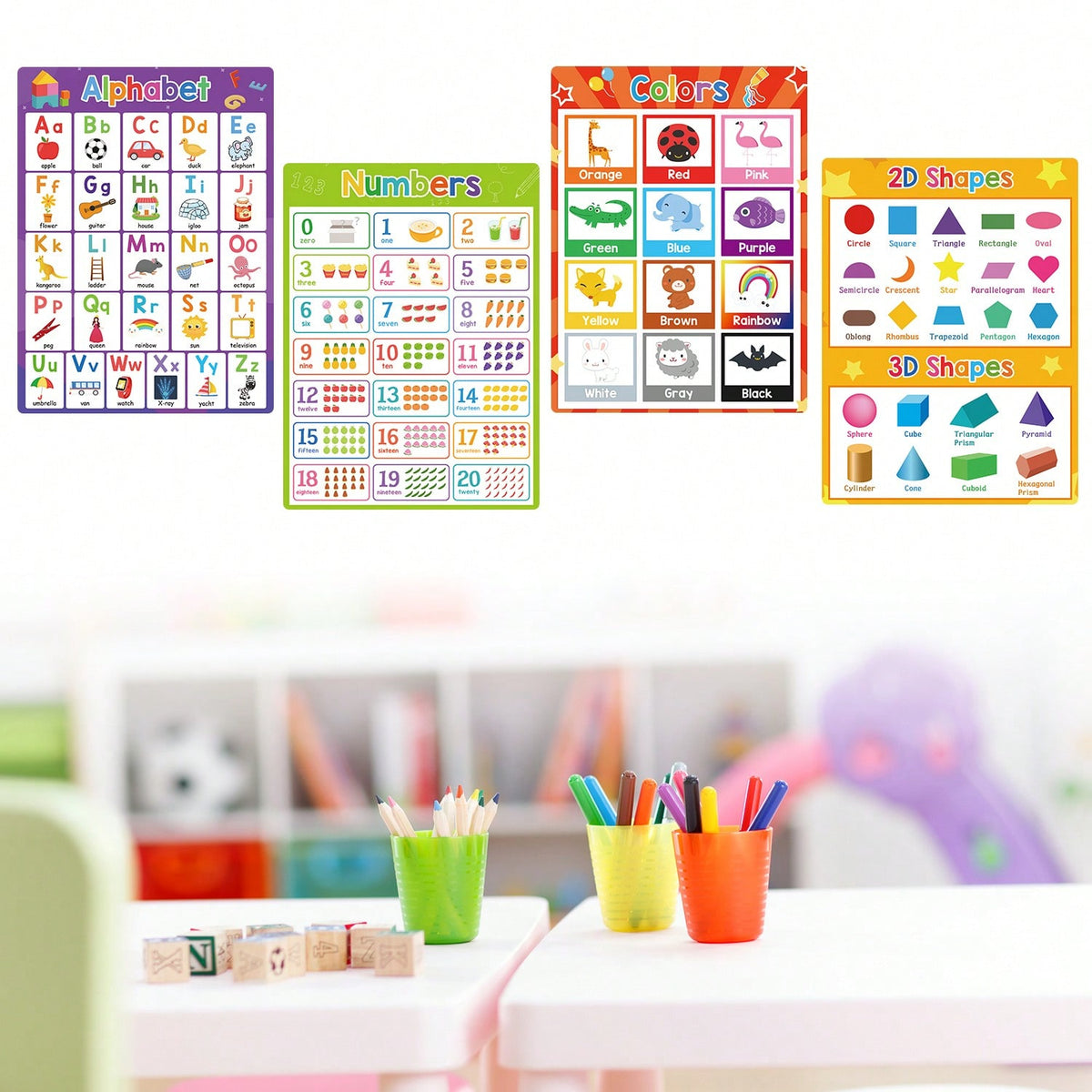 English Learning Poster Set for Preschool, 20-Piece Teaching Aid Kit Including Flashcards, Emotions and Number Charts for Classroom and Homeschool