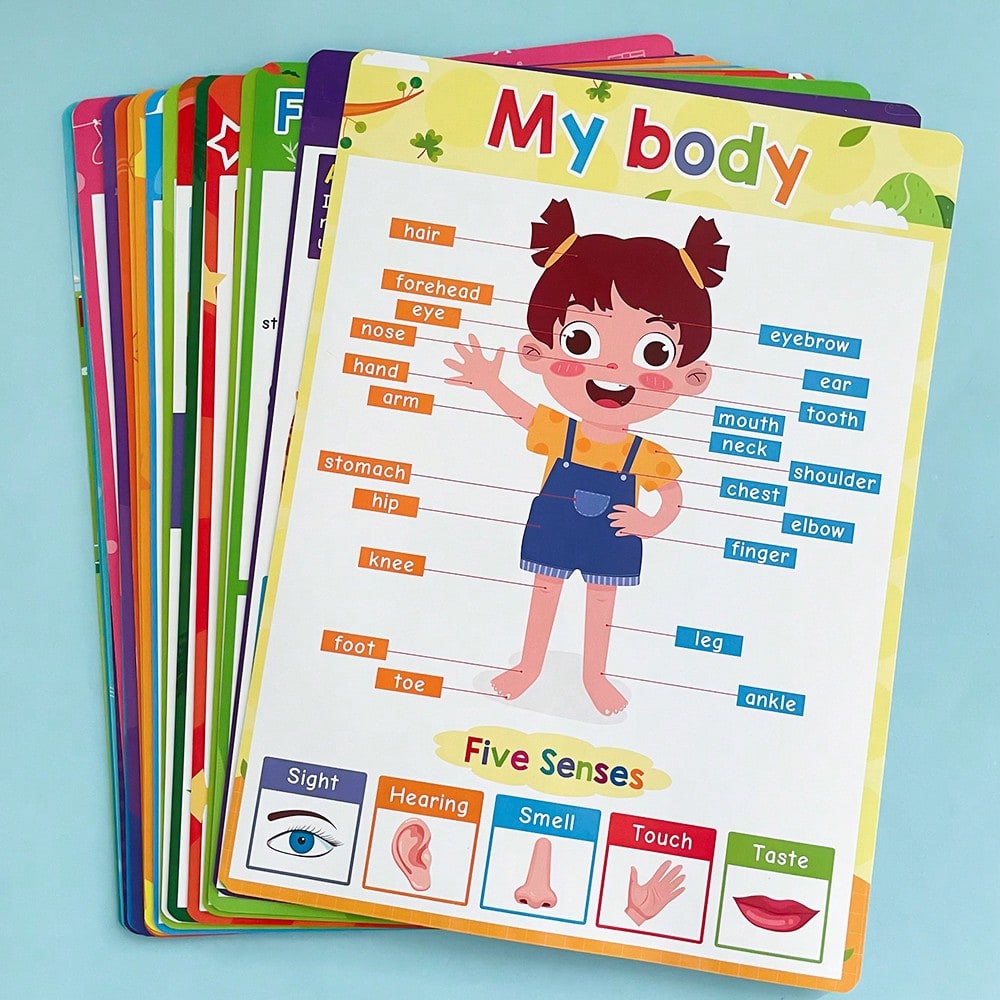 English Learning Poster Set for Preschool, 20-Piece Teaching Aid Kit Including Flashcards, Emotions and Number Charts for Classroom and Homeschool