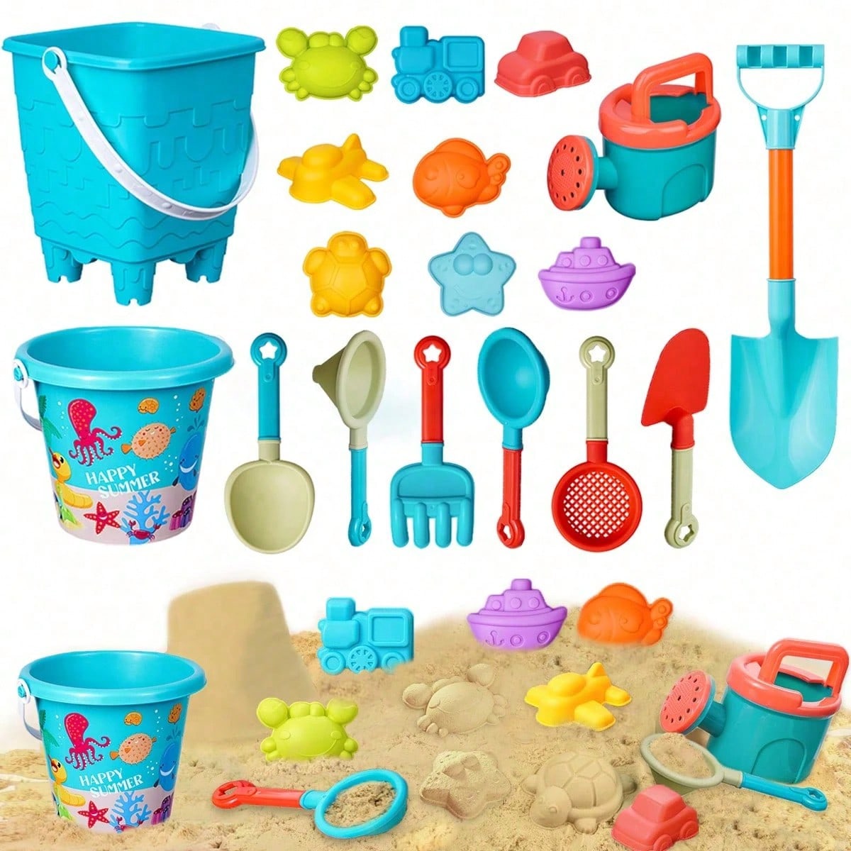 Beach Sand Toys Set for Kids, 8 or 16 Pieces with Bucket, Shovel and Sandcastle Building Tools for Summer Beach Trips, Outdoor Play and Camping Gifts