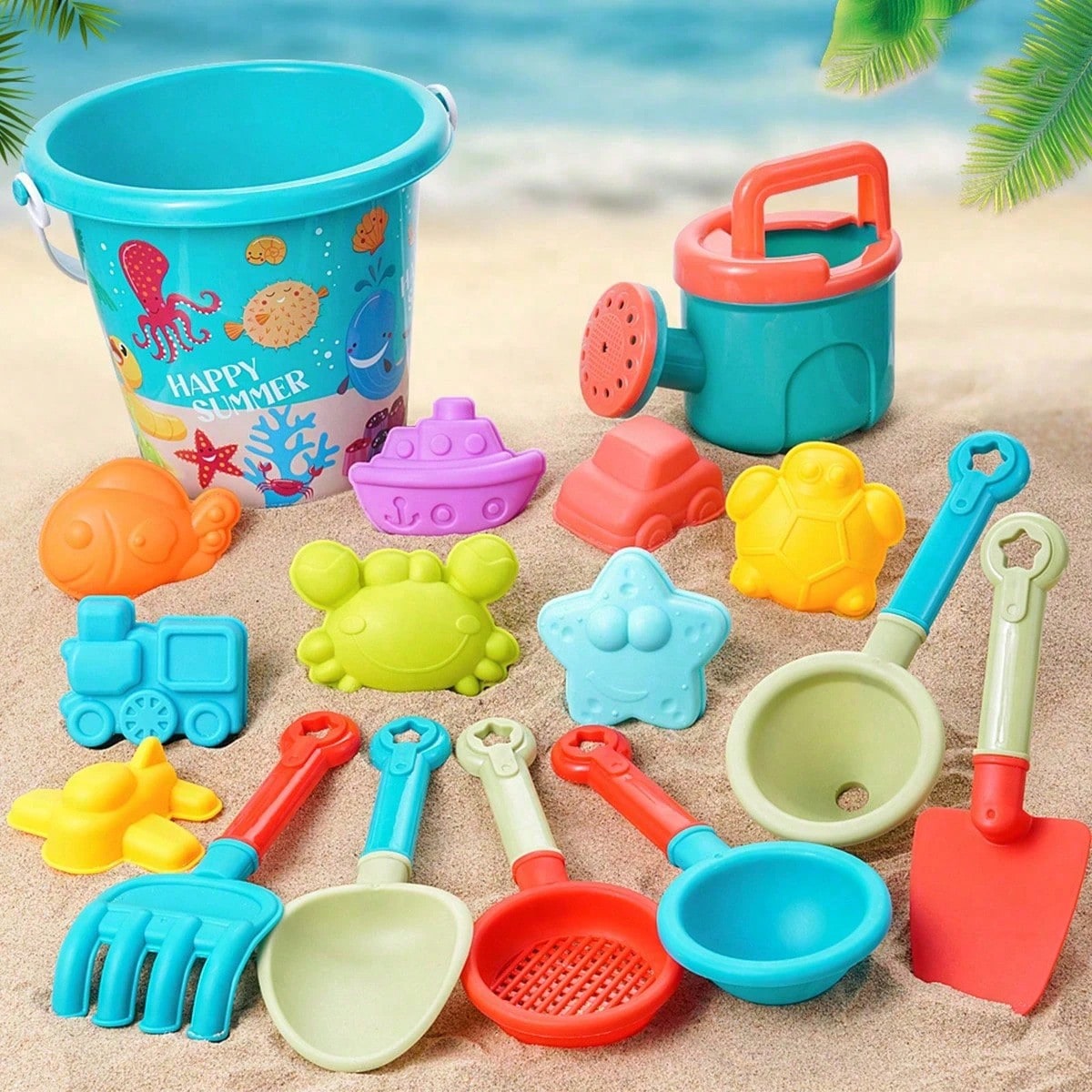Beach Sand Toys Set for Kids, 8 or 16 Pieces with Bucket, Shovel and Sandcastle Building Tools for Summer Beach Trips, Outdoor Play and Camping Gifts