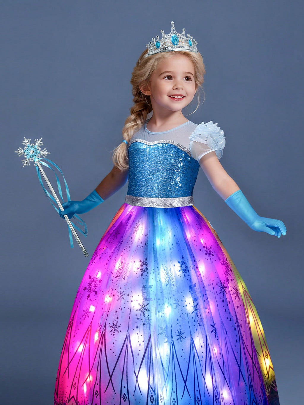 Blue Light Up Princess Dress for Girls, Kids Dress Up Costume for Birthday Parties, Halloween Cosplay, Holiday Celebrations and Imaginative Play