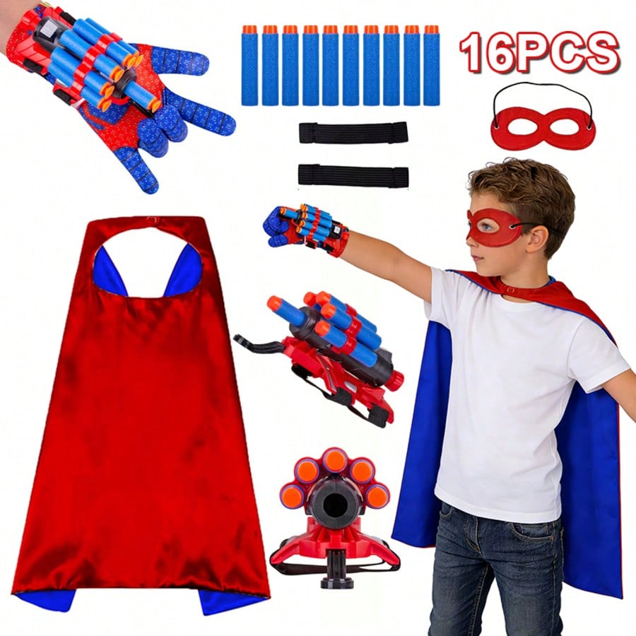 Superhero Foam Dart Blaster Costume Set by B.B.STUDY, Red Role Play Outfit with 10 Foam Darts, Mask, Gloves and Reversible Cape for Parties