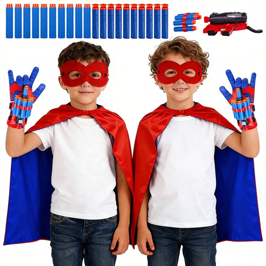 Superhero Foam Dart Blaster Costume Set by B.B.STUDY, Red Role Play Outfit with 10 Foam Darts, Mask, Gloves and Reversible Cape for Parties