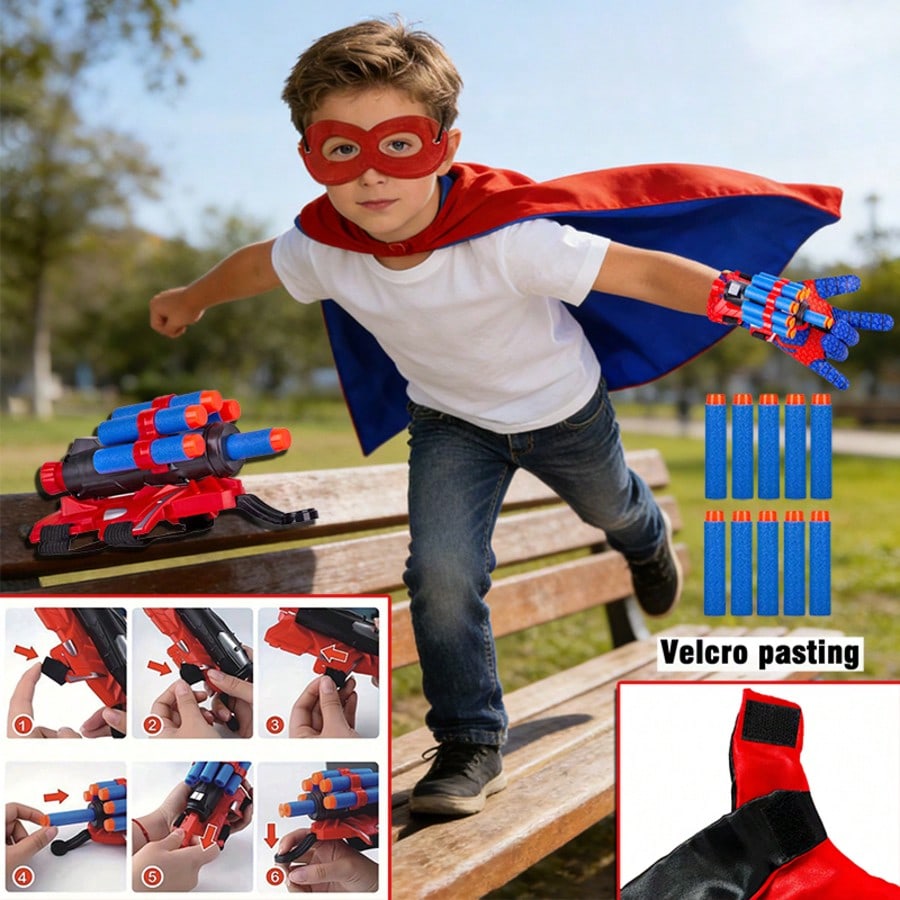 Superhero Foam Dart Blaster Costume Set by B.B.STUDY, Red Role Play Outfit with 10 Foam Darts, Mask, Gloves and Reversible Cape for Parties