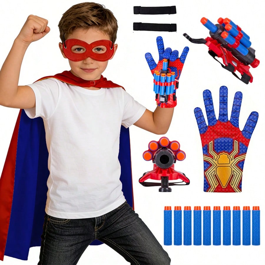 Superhero Foam Dart Blaster Costume Set by B.B.STUDY, Red Role Play Outfit with 10 Foam Darts, Mask, Gloves and Reversible Cape for Parties