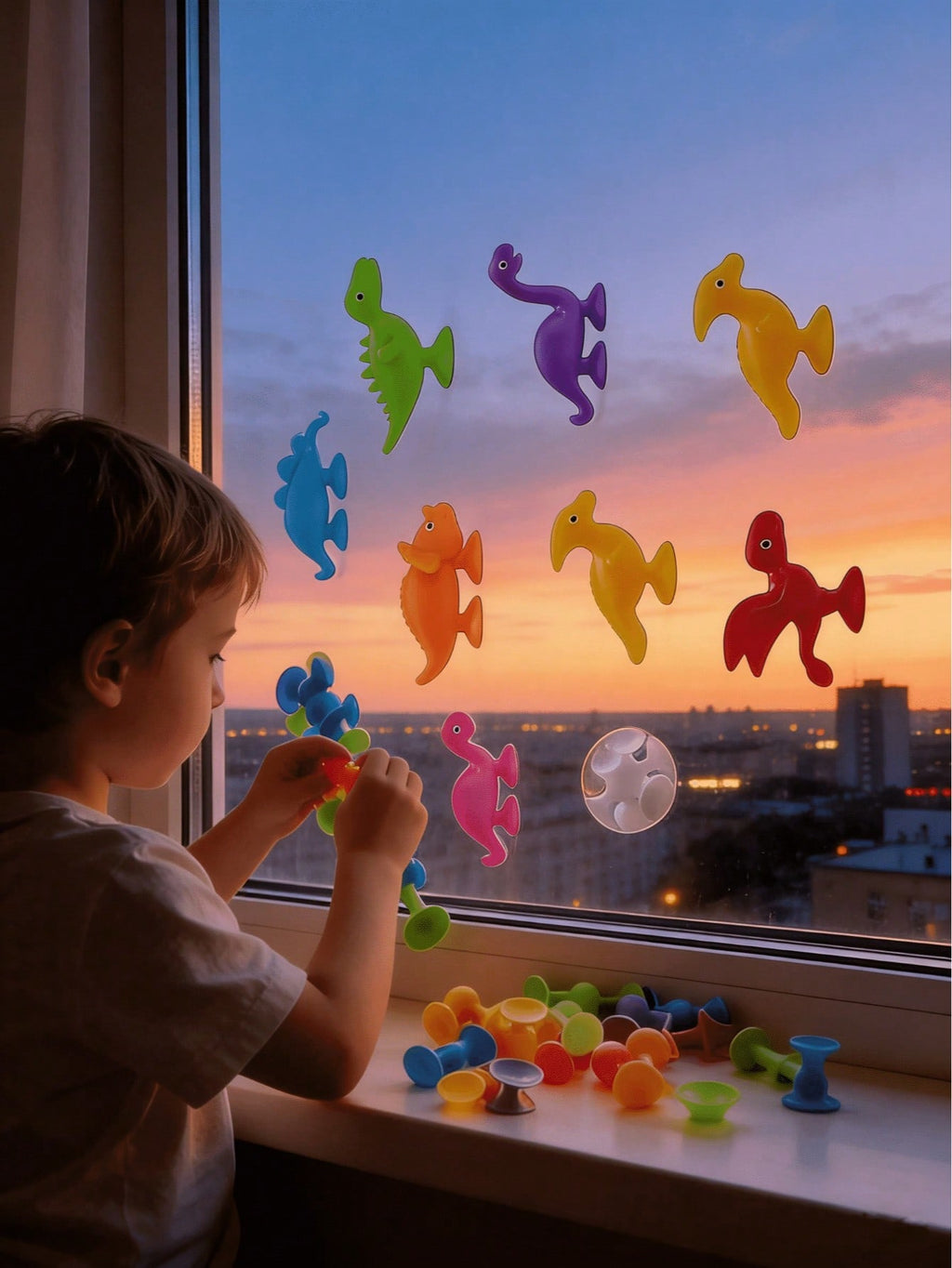 Dinosaur Suction Cup Toys for Kids, Soft Rubber Window Play Set in 8, 16, 20, 32 or 40 Pieces for Hands-On Activities, Travel and Holiday Gifts