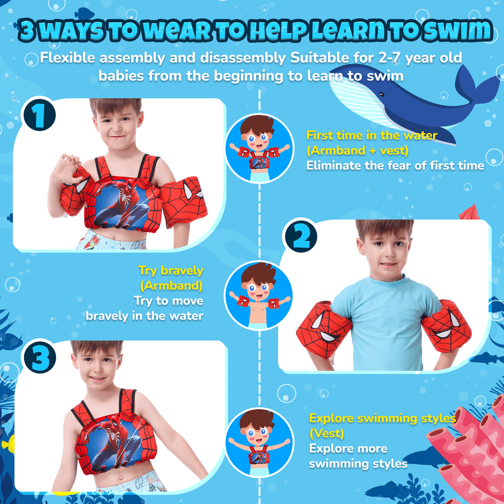 Toddler Swim Vest 3-in-1 Adjustable Floaties with Detachable Arm Bands, Listed for Kids Ages 2–7 and 22–66 lbs, Pool & Beach Swimming Accessory