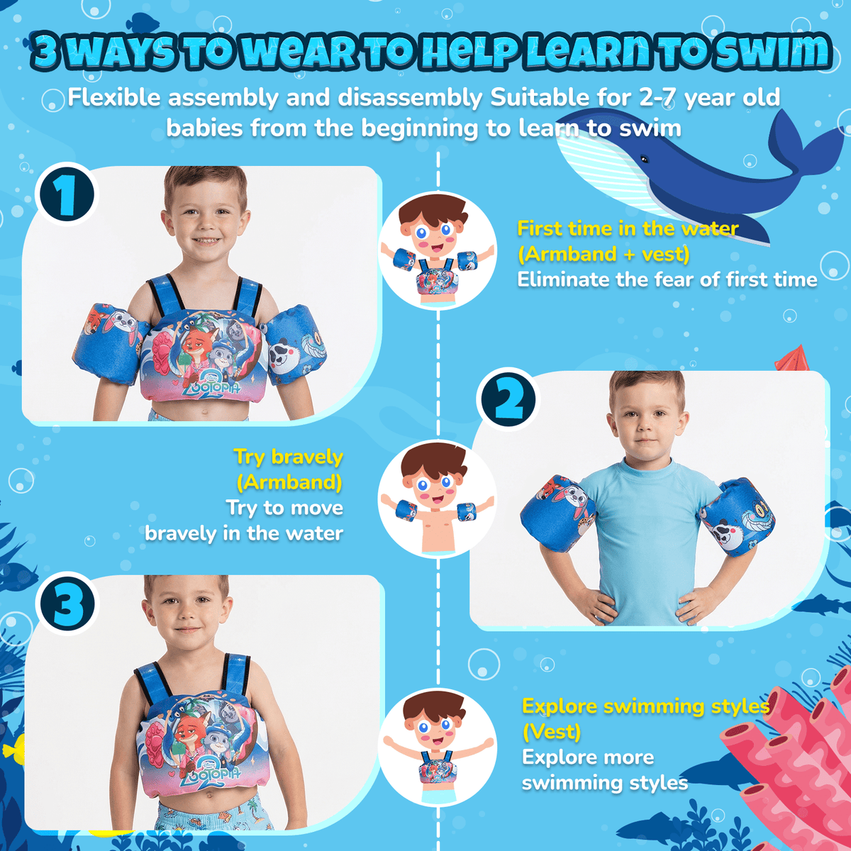 Toddler Swim Vest 3-in-1 Adjustable Floaties with Detachable Arm Bands, Listed for Kids Ages 2–7 and 22–66 lbs, Pool & Beach Swimming Accessory