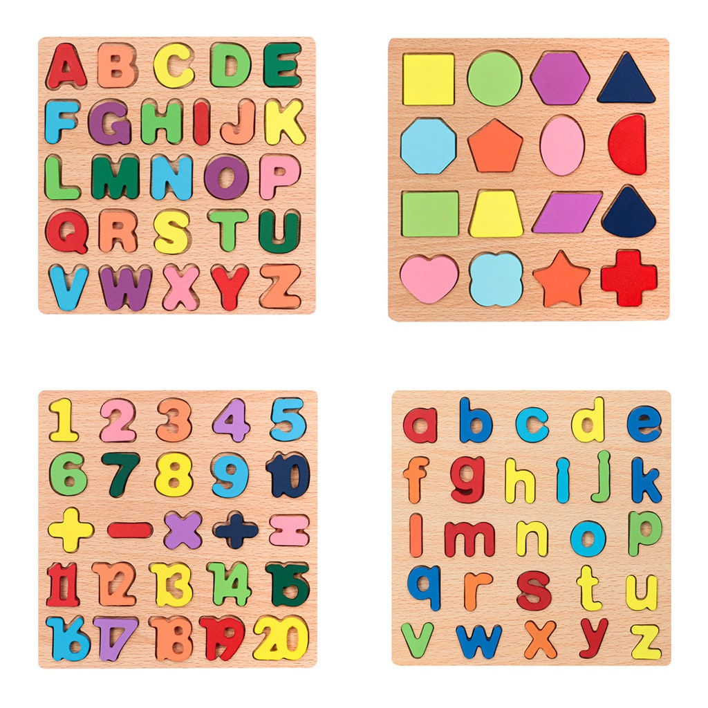 Wooden Learning Puzzle Board 4-in-1 for Kids, Numbers, Letters and Shapes Activity Set for Montessori-Inspired Early Learning and Gifts